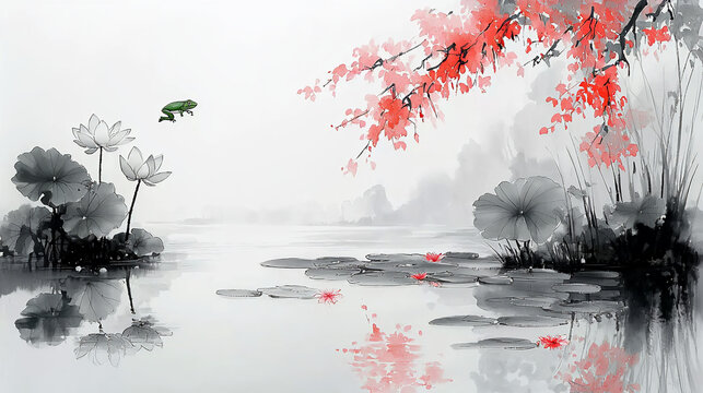 Lotus Flower and Frog in Traditional Ink Wash Painting (Generative AI)