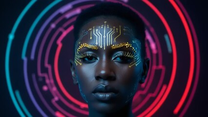 Futuristic Beauty: African American Woman with Circuit Board Makeup on Neon Background - Powered by Adobe