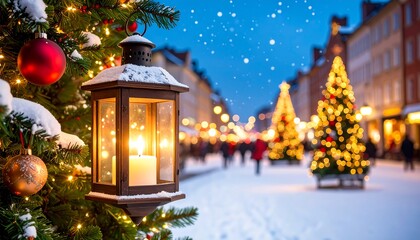 Snowy Christmas market at night