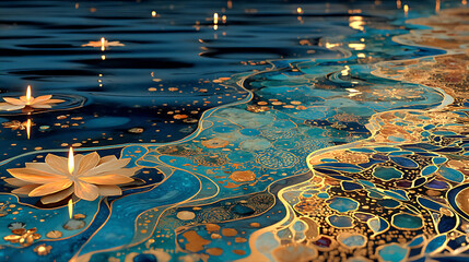 Fantasy Ocean Waves with Golden Accents and Moonlit Sea (Generative AI)