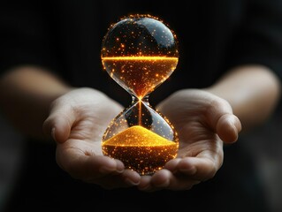 Golden hourglass held in cupped hands