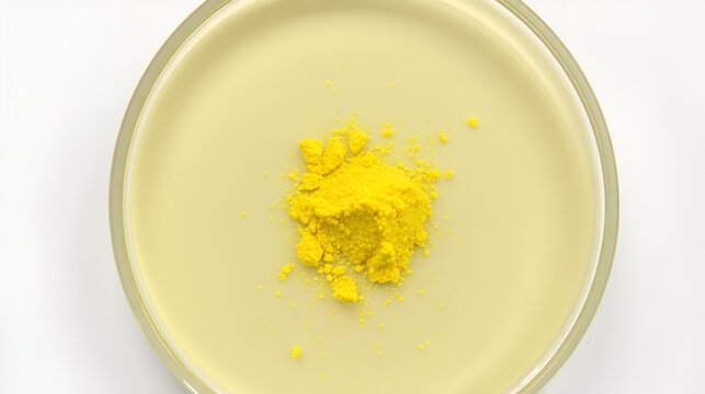 Tartrazine powder in Petri dish. Synthetic lemon yellow azo dye. It serves as dye for wool and silks, colorant in food, drugs and cosmetics. Food additive. E102 labelled as CI 19140 or FD&C Yellow 5