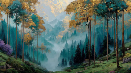 Fantasy Forest with Colorful Trees and Whimsical Sky (Generative AI)