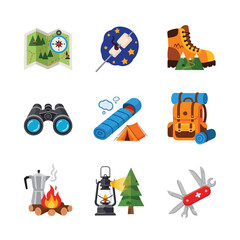 Camping gear icons arranged on a white background; map, marshmallow, and campfire are shown.