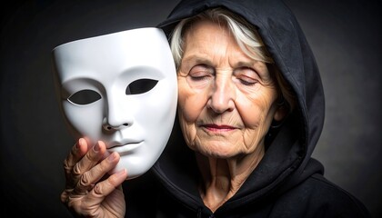 Woman with mask, contemplative pose