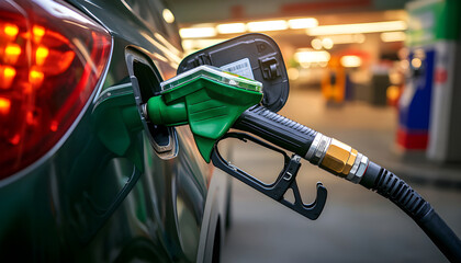 Close-up of fuel pump nozzle refilling car at gas station. Fuel nozzle inserted into vehicle tank. Gasoline filling process. Energy industry, rising