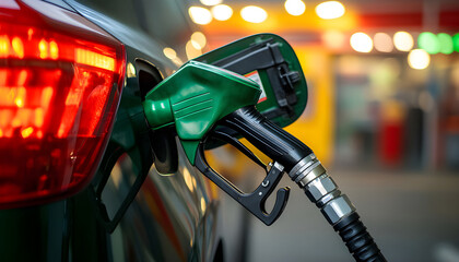 Close-up of fuel pump nozzle refilling car at gas station. Fuel nozzle inserted into vehicle tank. Gasoline filling process. Energy industry, rising