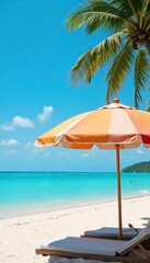 Fototapeta premium Vibrant striped umbrella providing shade on a sunny beach, offering a tranquil escape from the heat Perfect for summer vacation themes, travel, and relaxation imagery , heat, canvas, paradise