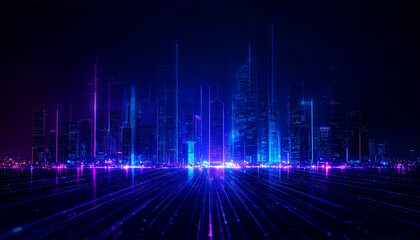 Fototapeta premium Futuristic city with stunning neon light effects. The skyline is depicted with vibrant hues of purple and blue, creating a captivating visual experience. 