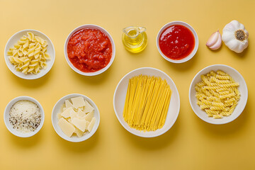 Different pasta types (fusilli, penne, spaghetti) alongside bowls of tomato sauce, olive oil, parmesan, and garlic on yellow table. 
