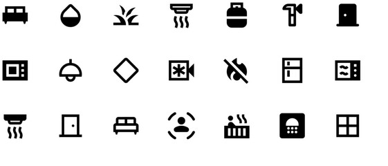 Black vector icons for web apps, minimalist home sprite set with simple 2D flat shapes on white background, low detail high contrast 80s style