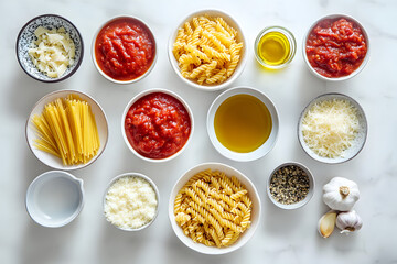 Different pasta types (fusilli, penne, spaghetti) alongside bowls of tomato sauce, olive oil, parmesan, and garlic. 