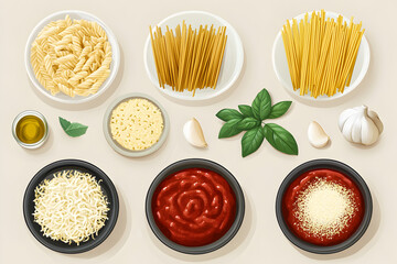 Different pasta types (fusilli, penne, spaghetti) alongside bowls of tomato sauce, olive oil, parmesan, and garlic. 
