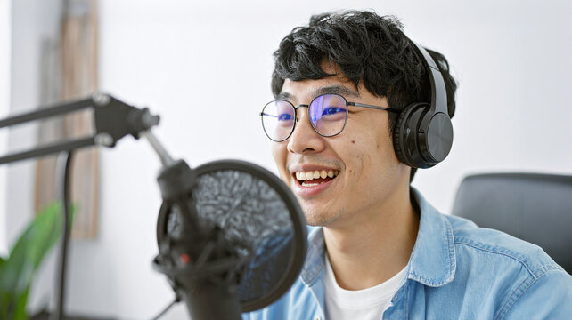 A young man broadcasting with microphone, with headphones and eye glasses on
