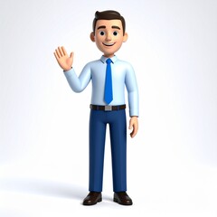 A cartoon person waves hello in formal attire