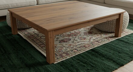 Wooden Table in Living Room: A beautifully crafted wooden table takes center stage in a cozy living room setting. The warm tones of the wood and textures create an inviting and comfortable ambiance.