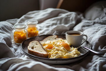 Tray with scrambled eggs, toast, tea, orange juice snd jam jars, on rumpled bed sheets ideal for soft lifestyle imagery.