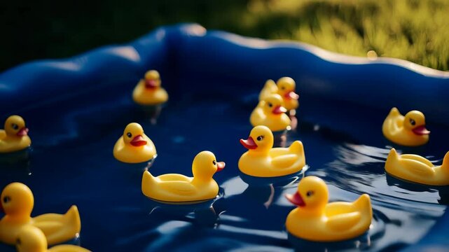 A blue pool with a bunch of yellow ducks floating in it. The ducks are scattered around the pool, some closer to the edge and others further in. The scene gives off a playful and lighthearted mood