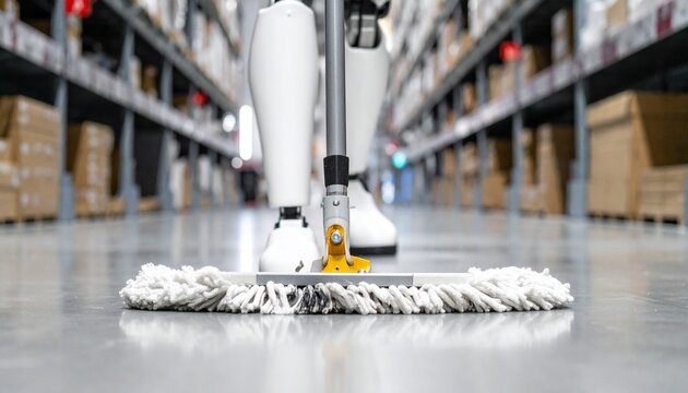 A diligent cleaner diligently mopping a warehouse floor