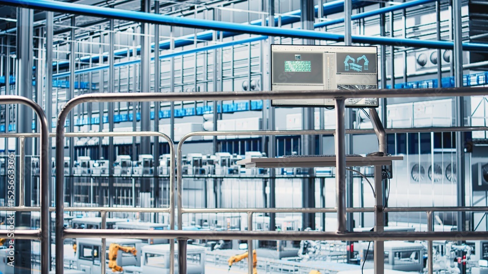 Poster monitor displaying industrial automation software overlooking industry 4.0 smart factory with roboti