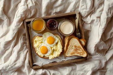 Tray with scrambled eggs, toast, tea, orange juice snd jam jars, on rumpled bed sheets ideal for soft lifestyle imagery.