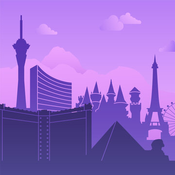 A stunning illustration of the Las Vegas skyline showcasing its famous landmarks and attractions