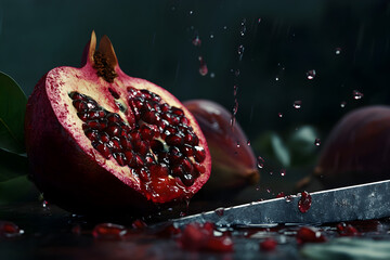pomegranate with knife on a black