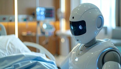 A futuristic robot in a hospital room, assisting a patient. The robot is positioned near a hospital bed, suggesting a scene of healthcare assistance and technological advancement
