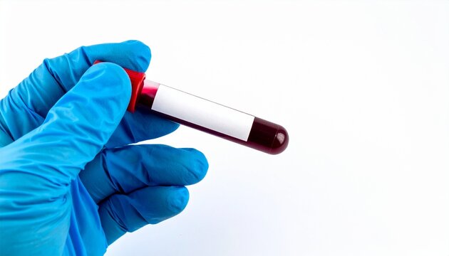 A gloved hand holding a vial of blood. The image focuses on the hand and the blood sample, possibly for medical or scientific purposes