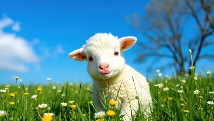 Obraz premium Adorable Baby Lamb in a Field of Flowers on a Sunny Day