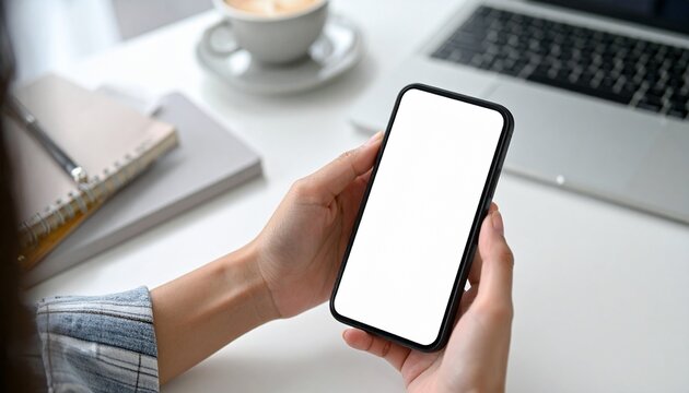 Person holding a smartphone with a blank screen, along with a laptop and a coffee cup
