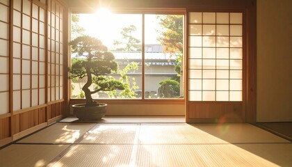 An open-plan zen interior showcasing the beauty of Japanese design, natural light through paper screens and a bonsai