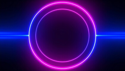 Obraz premium Glowing neon circle in vibrant pink and blue colors against a black background, radiating a modern and futuristic vibe.