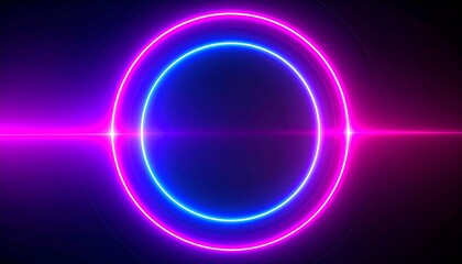 Fototapeta premium Glowing neon circle with a bright purple and blue color in the dark. The inner and outer circles are highlighted.