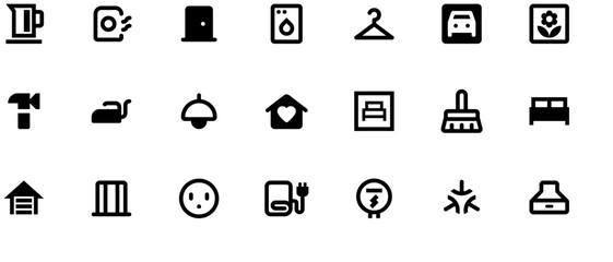 Black and white vector icons of home appliances on white background, 256x304 pixels, icon sheet