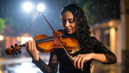 Fototapeta premium Woman playing violin in the rain at night with city lights illuminating her and creating a dramatic atmosphere emphasizing emotion and musical expression outdoors