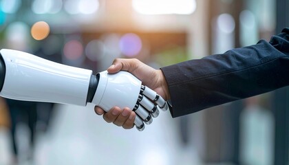 A human hand shakes the hand of a robot