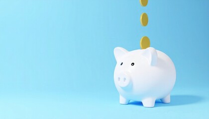 White piggy bank with falling coins against blue background representing savings and financial growth, symbolizing money management, investment, and budgeting concepts