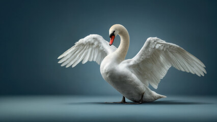 A graceful white swan elegantly displays its wings against a muted blue backdrop. The image captures the bird's serene beauty and refined posture.