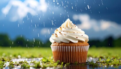 Delicious chocolate cupcake topped with swirled creamy frosting sitting on a wet surface outdoors with a cloudy sky and green landscape in the background