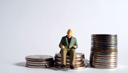 A miniature man sits on stacks of coins