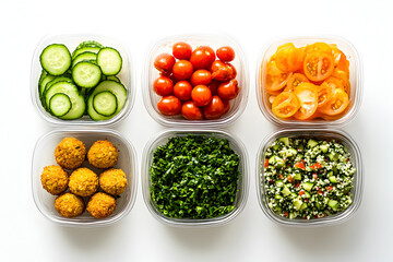 Flatlay of  glass containers filled with different healthy meals on a white surface with labels and space between.