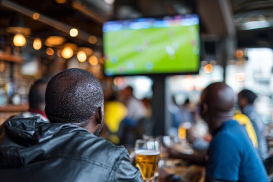 Group of male sports fans watching a live match at a lively bar, cheering with beer mugs, excitement and energy in the air.