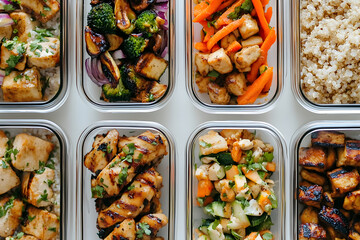 Flatlay of  glass containers filled with different healthy meals on a white surface with labels and space between.