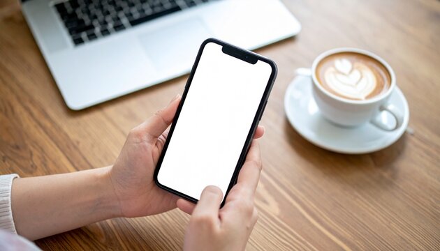 A person is holding smartphone while taking a coffee