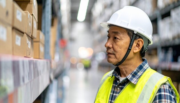 An Asian warehouse worker thoughtfully inspects the inventory in a distribution center. He is wearing a safety helmet and a high-visibility vest, with a focus on quality control and stock management