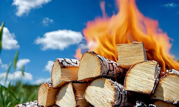 Burning firewood stack against the sky