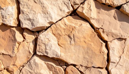 Fototapeta premium Close-up of a textured beige stone wall with irregular overlapping rocks and natural rough surface showcasing detailed earthy tones and cracked patterns for architectural and decorative use