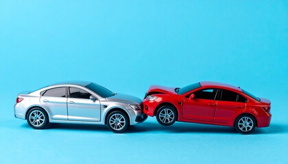 Fototapeta premium Two cars colliding, showcasing a car accident scene, with the red car damaged in front