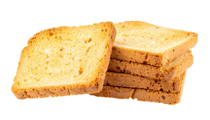 A stack of crispy rusk slices, perfect for dipping in coffee or tea. The golden-brown color and slightly rough texture are visible. 